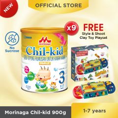 Morinaga Chil-kid No Sucrose 9 tins x 900g (free 1 Style & Shoot Clay Toy Playset)